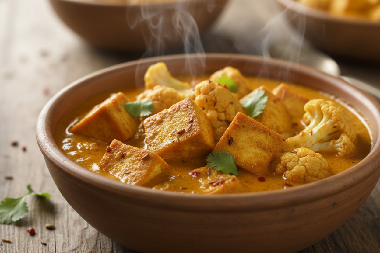 curry indien avec des morceau de tofu et chou-fleur