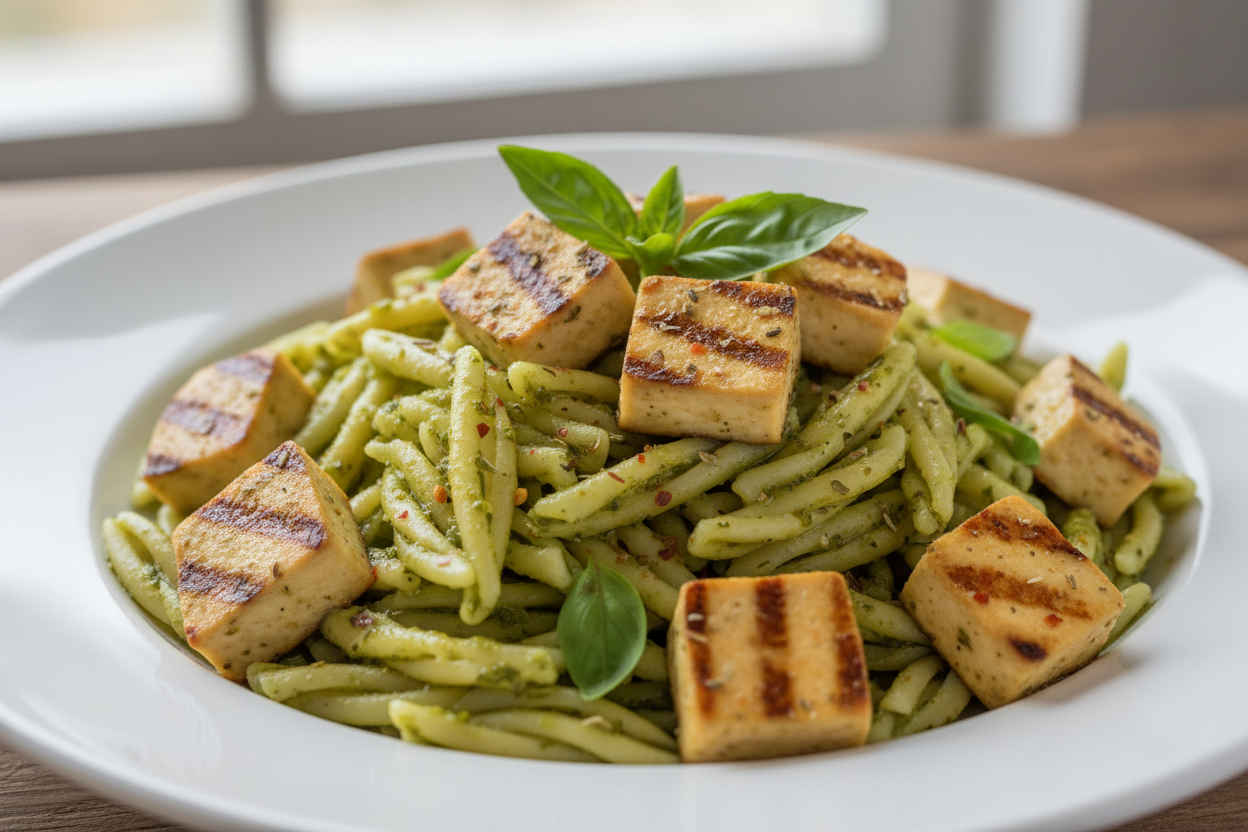 plat de pâte Gemini au pesto basilic avec une tofu à la grecque sur le dessusà